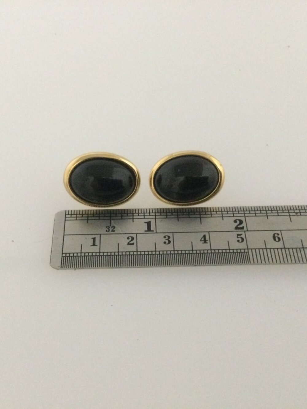 Vintage Signed Trifari Black Cabochon Oval Stud Earrings Gold Tone 1980s